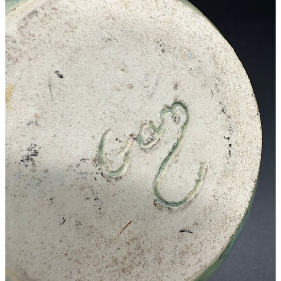 Art Pottery Bowl Green Blue Drip Swirl Glaze Unique Signed Gan Handmade Dish - Picture 8 of 10